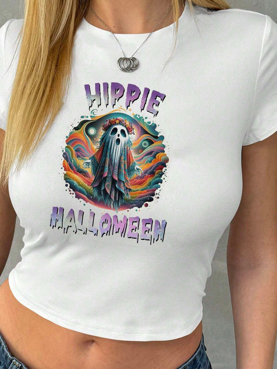 Damen Crop-T-Shirt mit kreativem Lippenmotiv und figurbetontem Schnitt R&B
