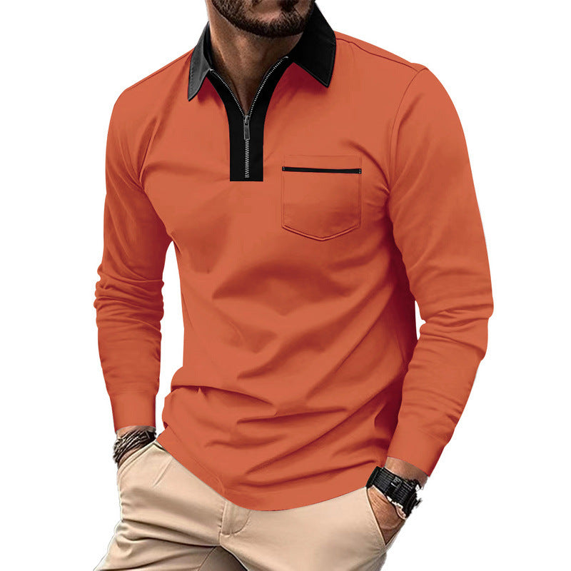 Herren nan elegantes Langarm-Poloshirt mit markantem Stehkragen Metall-Kurzreißverschluss und Brustleistentasche R&B