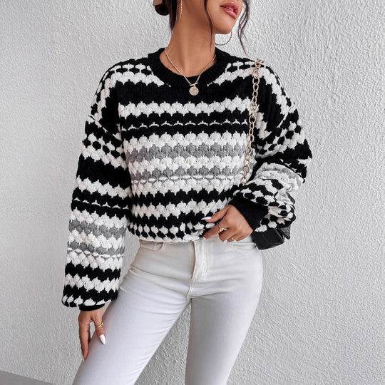 Damen Strickpullover mit kreativem Lochmuster und modischen Farbakzenten R&B