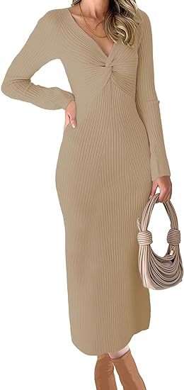 Damen elegantes Midikleid mit V-Ausschnitt und strukturiertem Rippdesign R&B