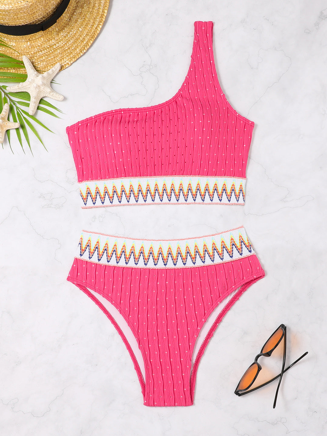 Damen Einseitiger Crop-Bikini mit buntem Jacquardband R&B