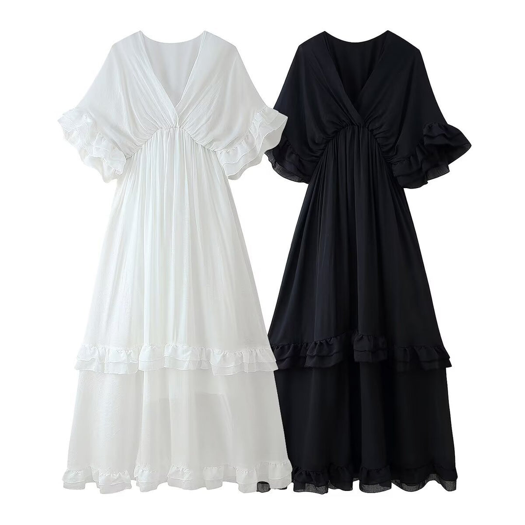 Damen Maxikleid mit voluminösen Rüschendetails und elegantem V-Ausschnitt R&B