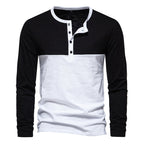 Herren Langarm-Henley-Shirt mit kontrastierenden Ärmeln und stilvollem Knopfdesign