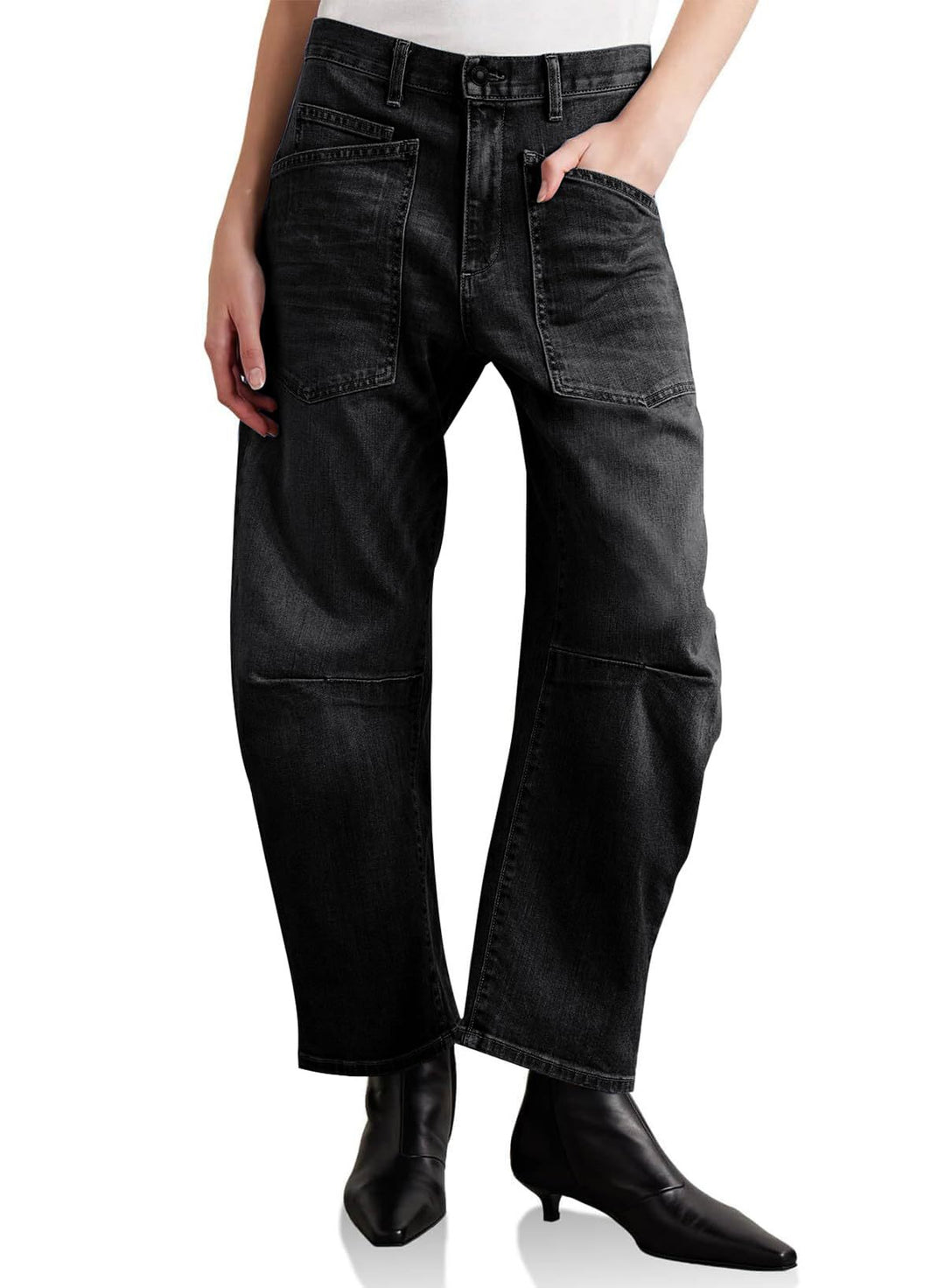 Damen halbhohe Denim-Hose mit einzigartigen aufgesetzten Taschen R&B