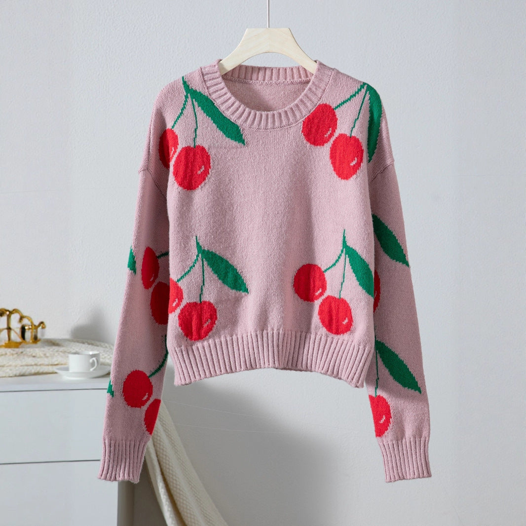 Damen lässiger Pullover mit fruchtigem Kirschmuster und weichem Strick