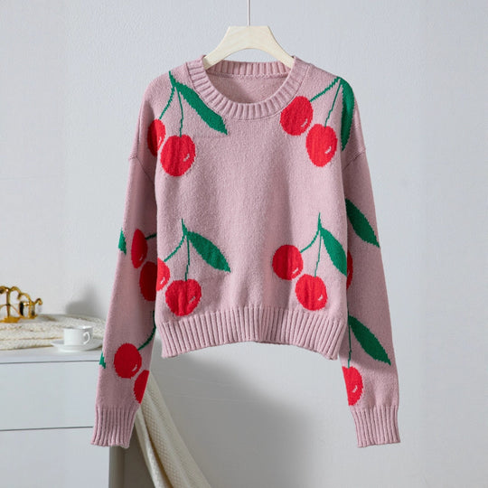 Damen lässiger Pullover mit fruchtigem Kirschmuster und weichem Strick R&B