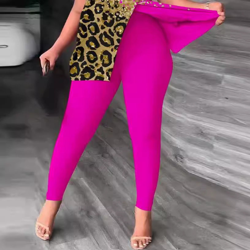 Damen Einseitig schulterfreier Jumpsuit mit animalischem Druck und Glitzerakzenten R&B