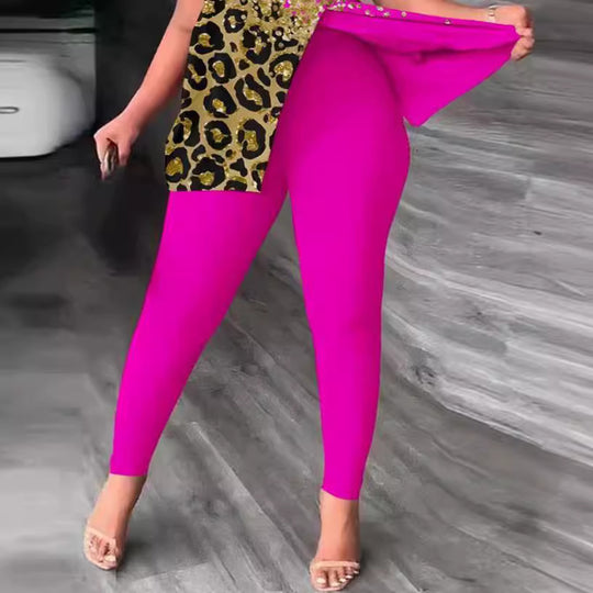 Damen Einseitig Off-Shoulder Jumpsuit mit Animal-Print und funkelnden Akzenten R&B