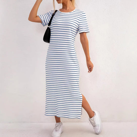 Damen Maxikleid mit seitlichen Schlitzen und gestreiftem Design R&B