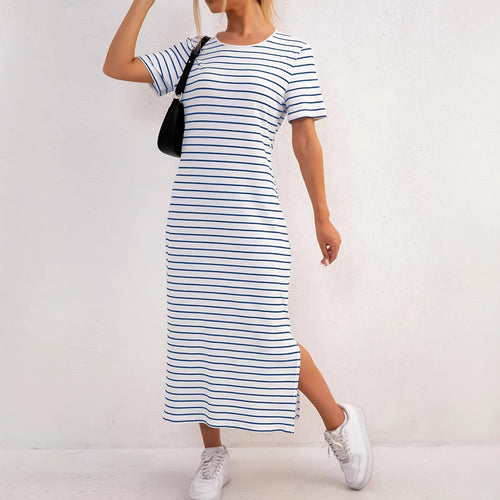 Damen Maxikleid mit seitlichen Schlitzen und gestreiftem Design R&B