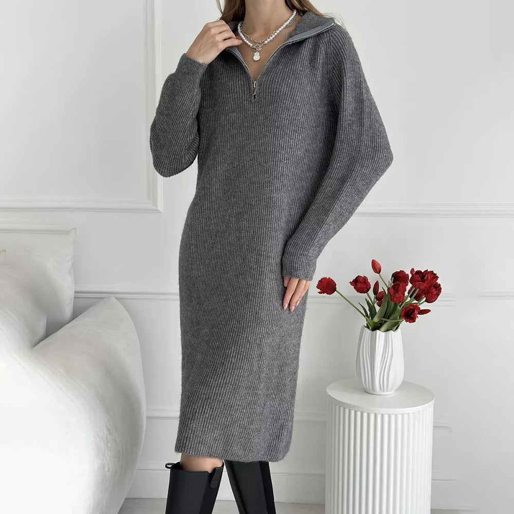 Damen Strickkleid mit Stehkragen und durchgehendem Reißverschluss R&B