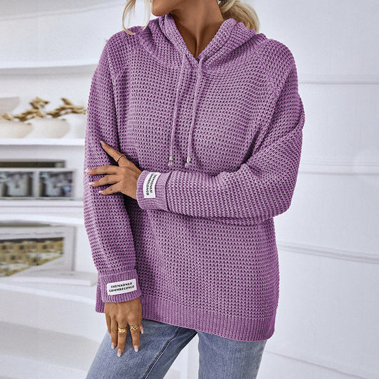 Damen bequemer Kapuzenpullover mit strukturiertem Strickmuster und seitlichen Schlitzen R&B