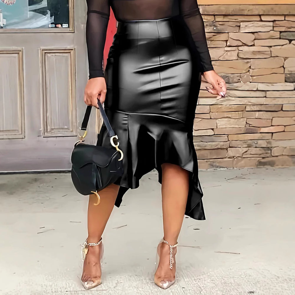Damen Kunstleder-Midirock mit asymmetrischem Saum und raffinierten Rüschen R&B
