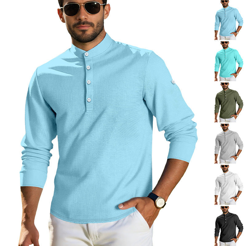 Herren nan strukturiertes Langarm-Henley mit Nehru-Kragen und Ton-in-Ton-Knopfleiste R&B