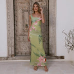 Damen Wickel-Maxikleid mit floralem Muster und elegantem Chiffon-Stoff EB