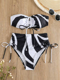 Damen Bandeau-Bikini mit verstellbaren Schnürdetails und modischem Muster R&B