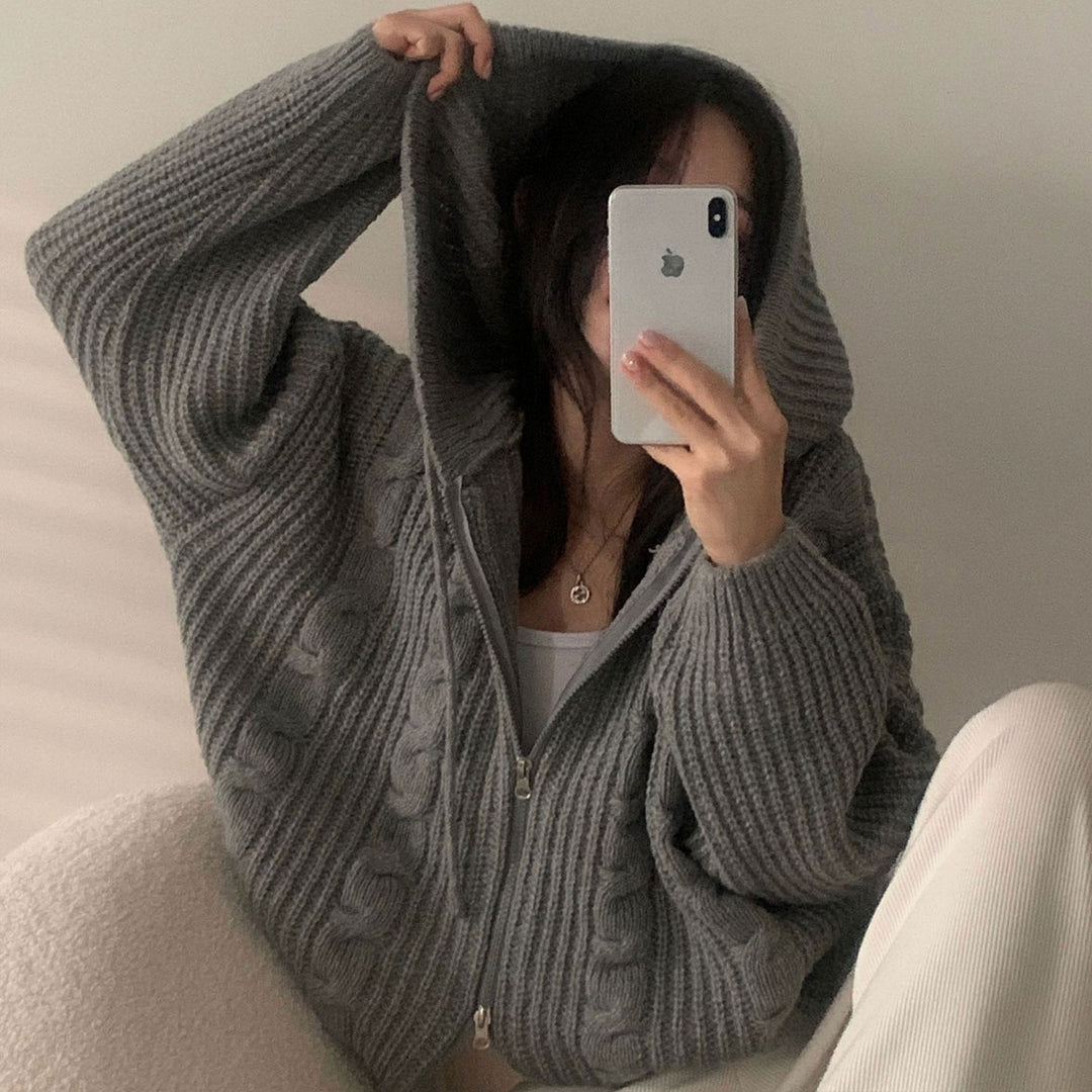 Damen Bequemer Strickjacke mit Kapuze und Reißverschluss R&B