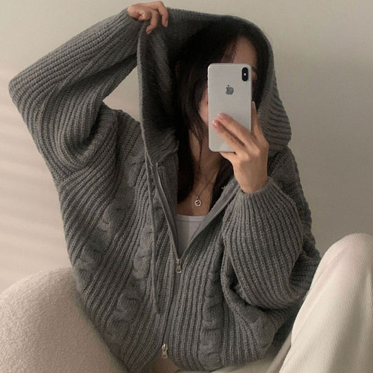 Damen Bequemer Strickjacke mit Kapuze und Reißverschluss R&B