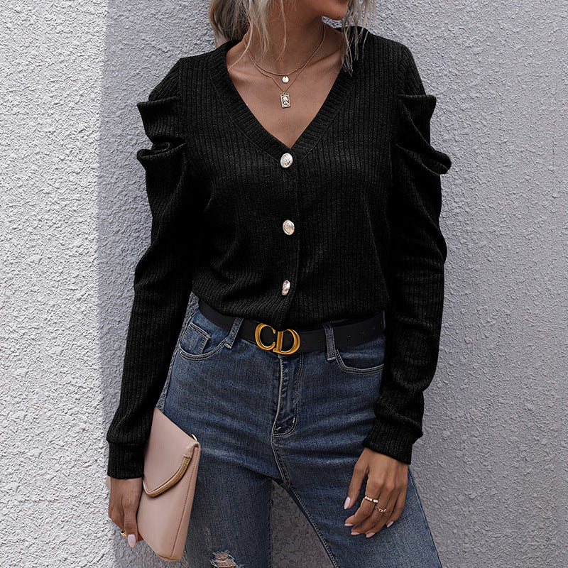Damen Strickjacke mit dekorativen Puffärmeln und knöpfbarem V-Ausschnitt R&B