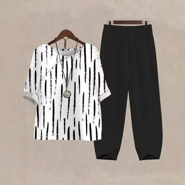 Damen nan legeres Freizeit-Set mit gemustertem Oversize-Shirt und konisch zulaufender Komforthose R&B