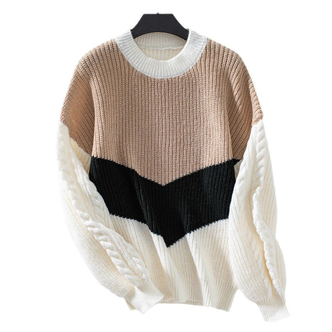 Damen Strickpullover mit modernen Farbblocklinien und Zopfmuster R&B