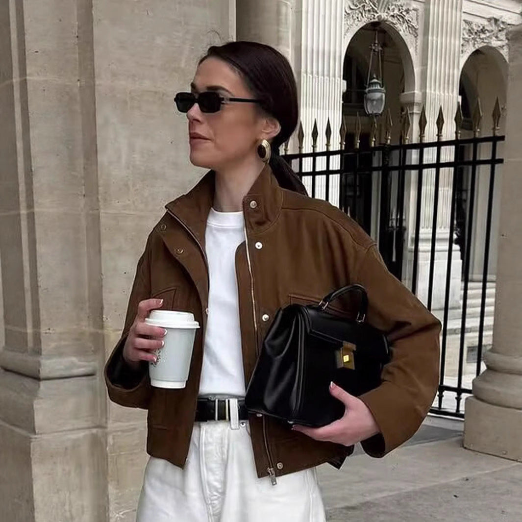 Damen zeitgemäße Relaxed-Fit Jacke mit aufgesetzten Taschen und Stehkragen R&B