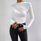 Damen nan figurbetontes Langarmshirt mit asymmetrischer Raffung am Vorderteil und U-Boot-Ausschnitt R&B
