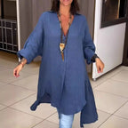 Damen Lässige Leinenbluse mit durchgehender Knopfleiste und umschlagbaren Ärmeln R&B