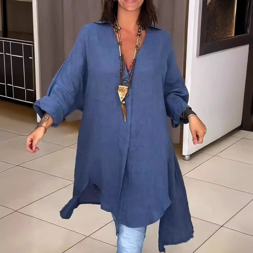 Damen Lässige Leinenbluse mit durchgehender Knopfleiste und umschlagbaren Ärmeln R&B