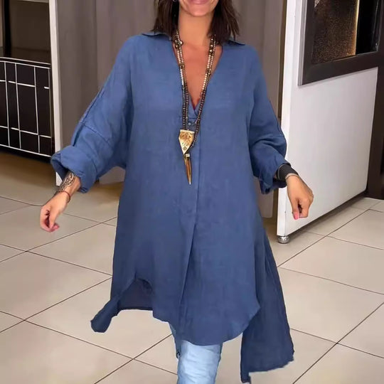 Damen Lässige Leinenbluse mit durchgehender Knopfleiste und umschlagbaren Ärmeln R&B