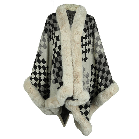 Damen eleganter Strickponcho mit luxuriösem Kunstfellbesatz und geometrischem Muster R&B