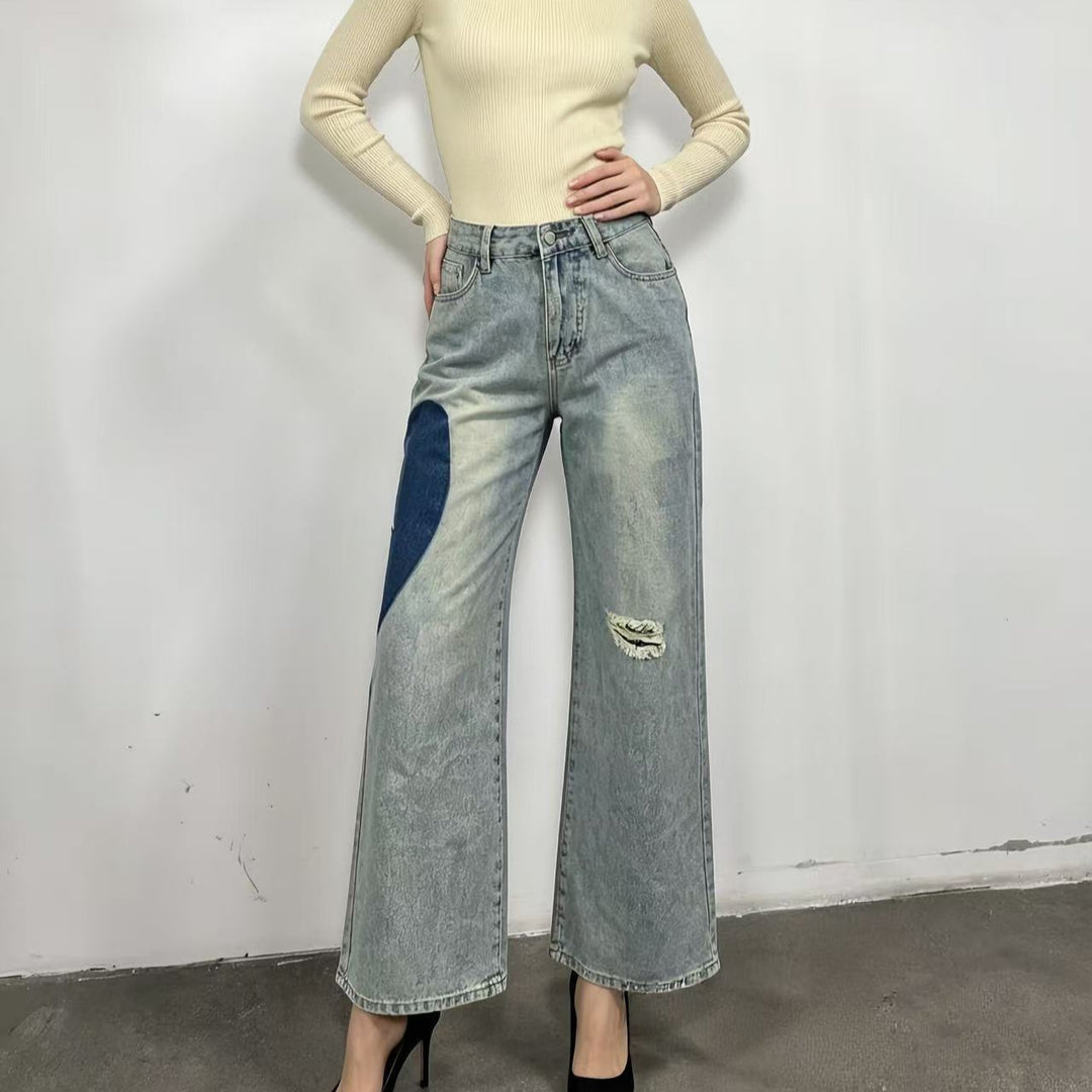 Damen weit geschnittene Denim-Jeans mit einzigartigen Farbakzenten R&B