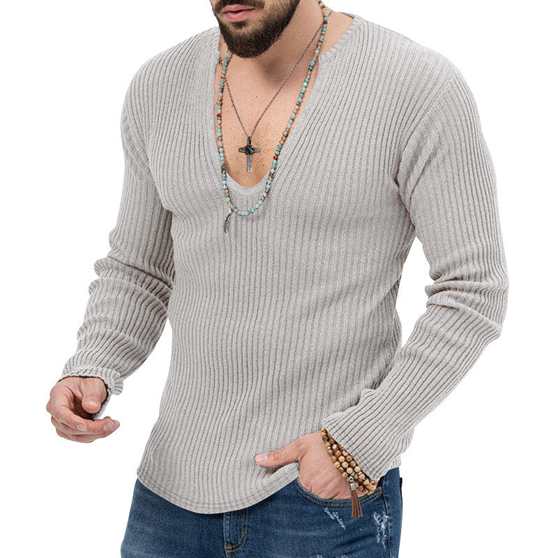 Herren Langarm-Rippenpullover mit tiefem V-Ausschnitt und modernem Schnitt R&B