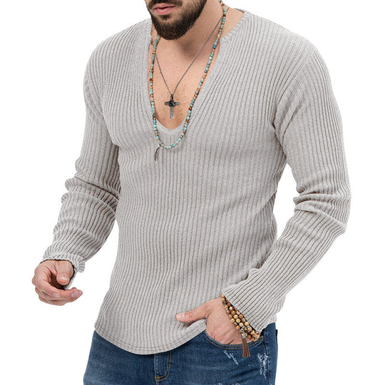 Herren Langarm-Rippenpullover mit tiefem V-Ausschnitt und modernem Schnitt R&B