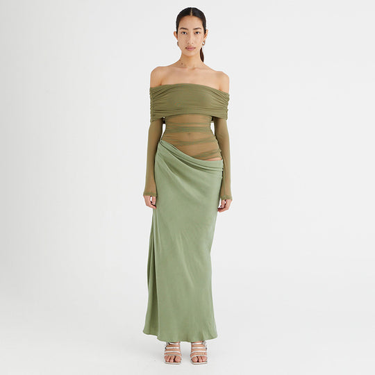 Damen Elegantes Off-Shoulder-Maxikleid mit transparenten Einsätzen und gerafftem Design R&B