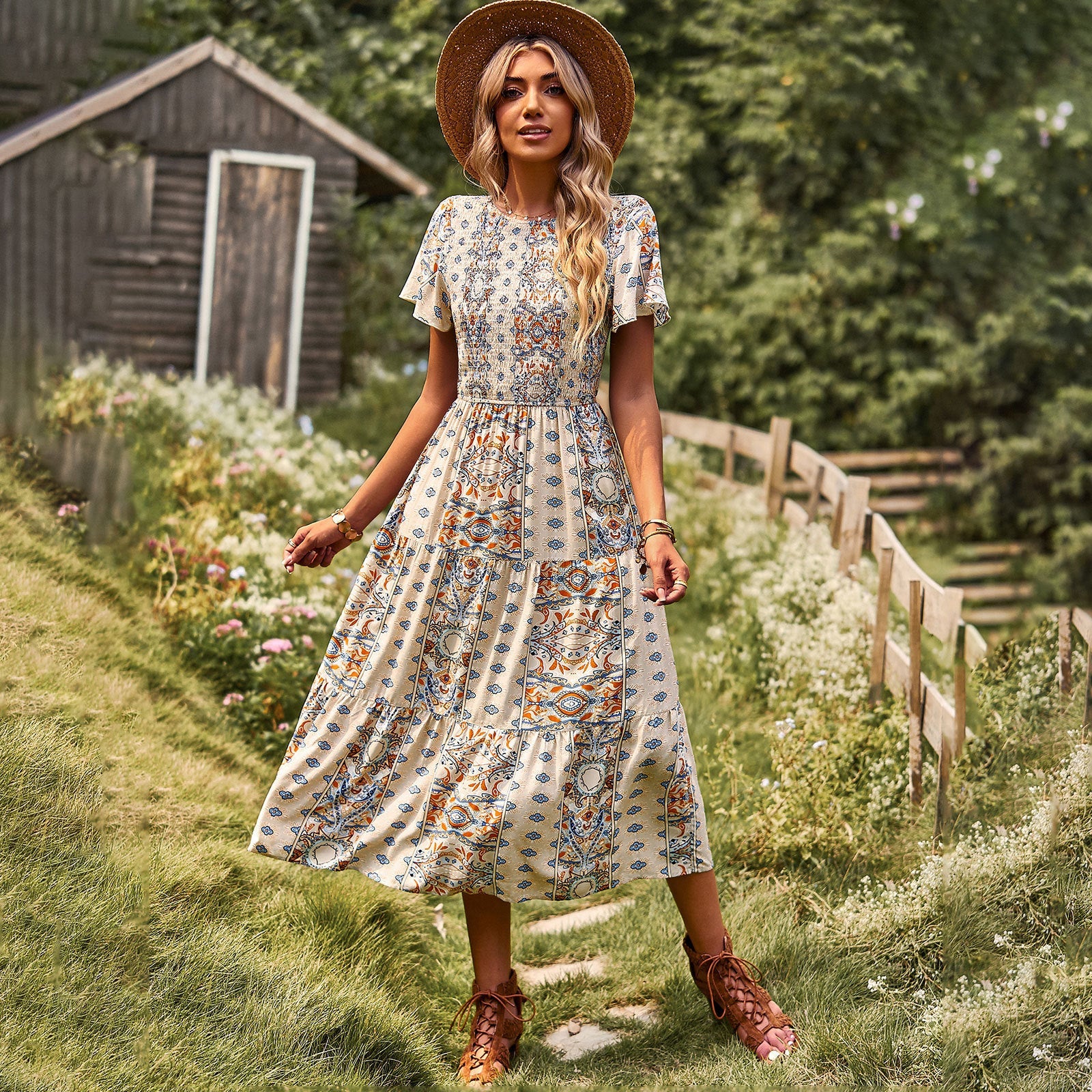 Damen Maxikleid mit floralem Muster und elastischem Tailleneinsatz R&B