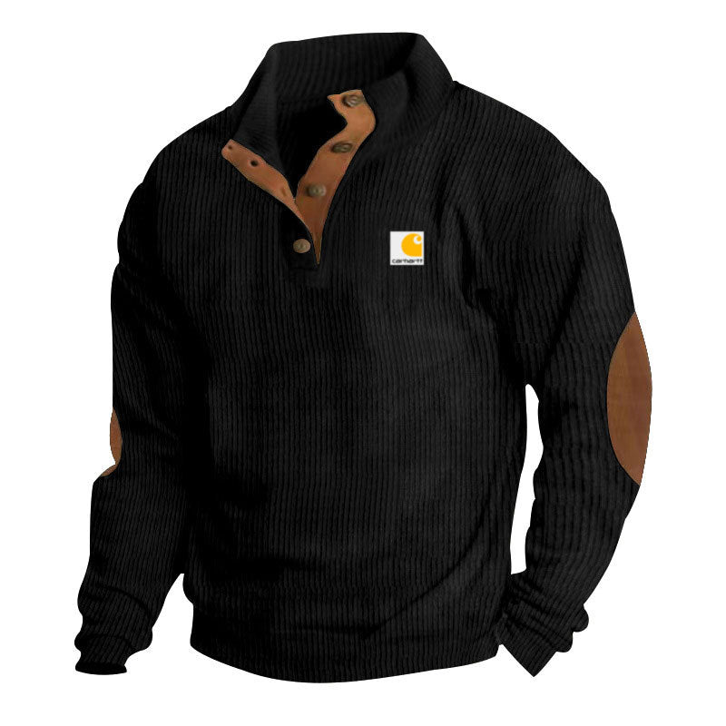 Herren nan Strickpullover im Troyer-Stil mit Stehkragen Lederbesatz Druckknopfleiste und Ellbogen-Patches R&B