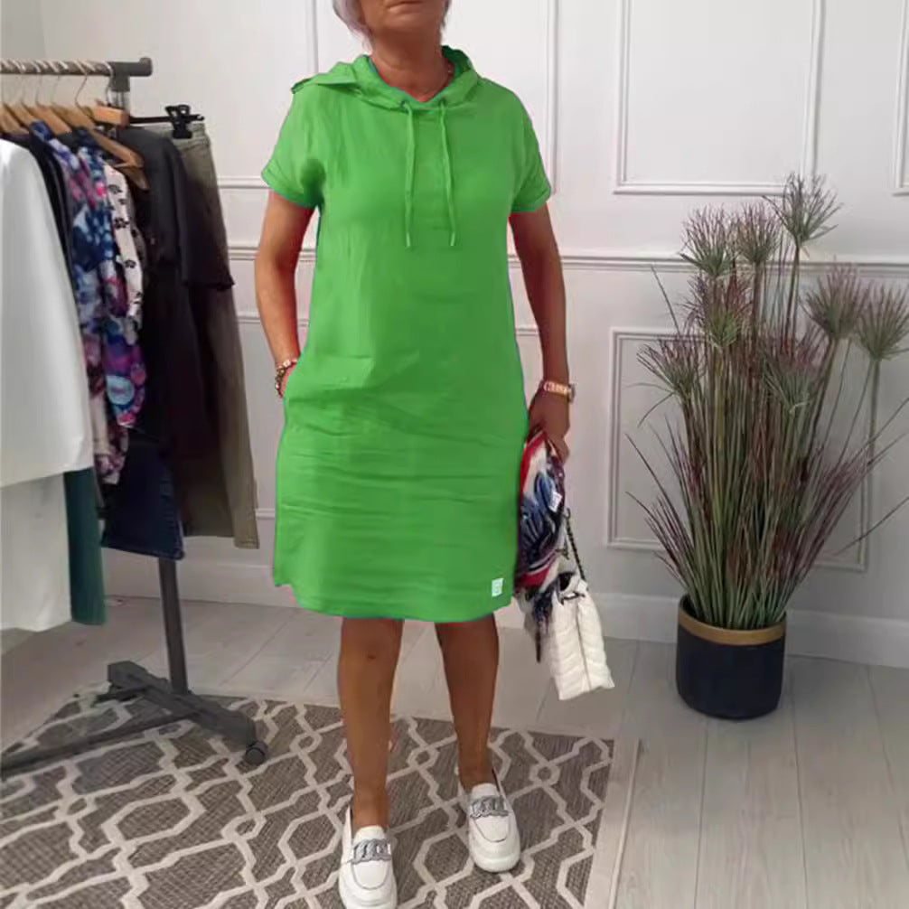 Damen nan legeres Kapuzenkleid mit kurzem Ärmel, geradem Schnitt und Kordelzug R&B