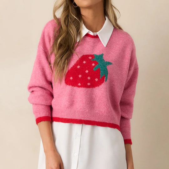 Damen trendiger Pullover mit Erdbeer-Motiv und Kontrastbündchen R&B