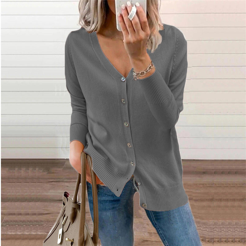 Damen Strickjacke mit Modernen Knopfdetails und Tiefem V-Ausschnitt R&B