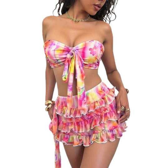 Damen Bandeau-Bikini-Set mit Rüschen und Wickeltuch R&B