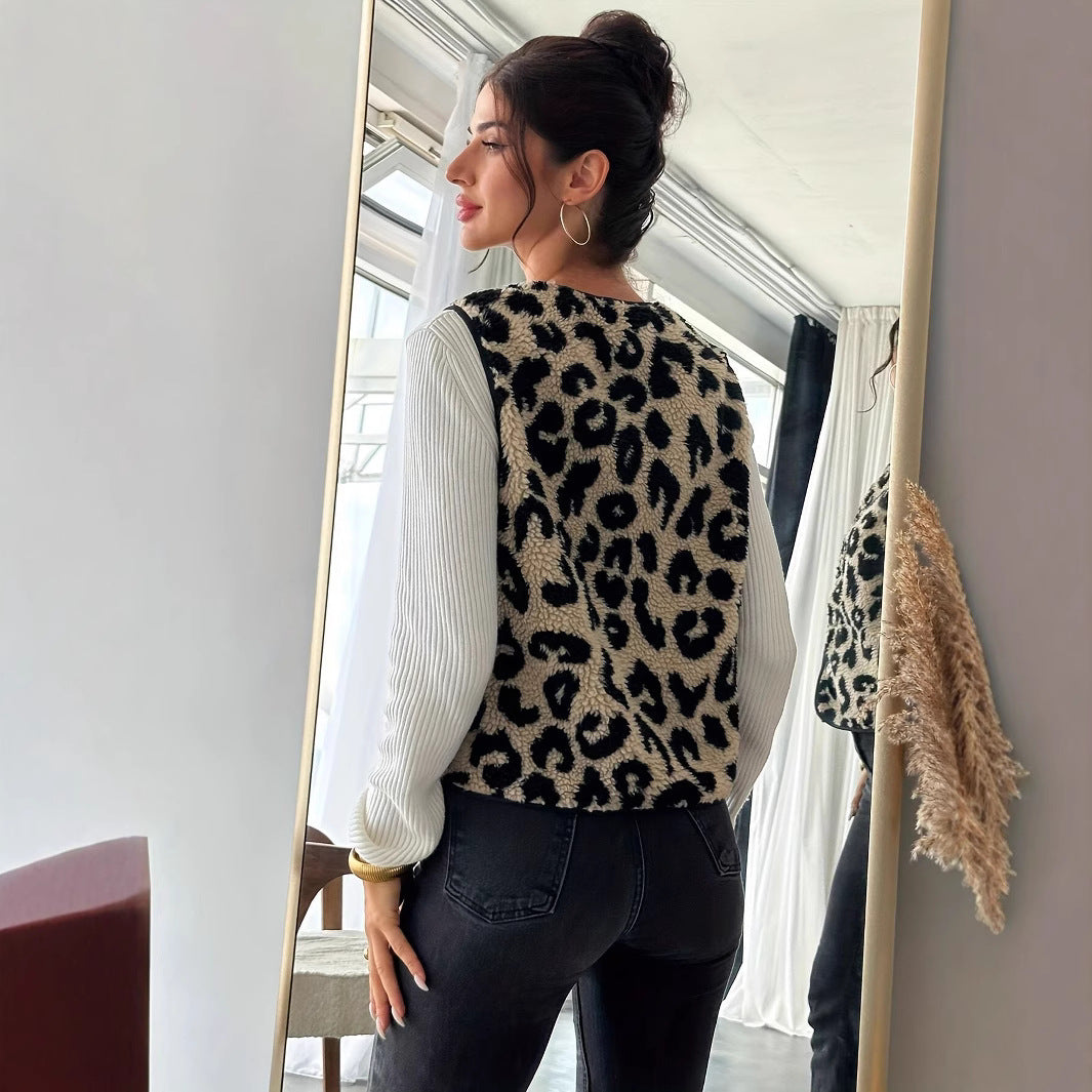 Damen Modische Plüschweste mit Leopardmuster R&B