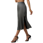Damen eleganter Satin-Midirock mit fließendem Schnitt und hohem Bund R&B