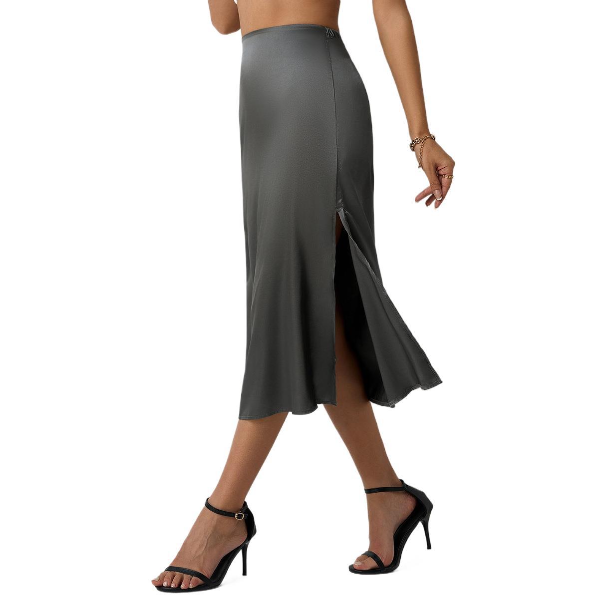 Damen eleganter Satin-Midirock mit fließendem Schnitt und hohem Bund R&B