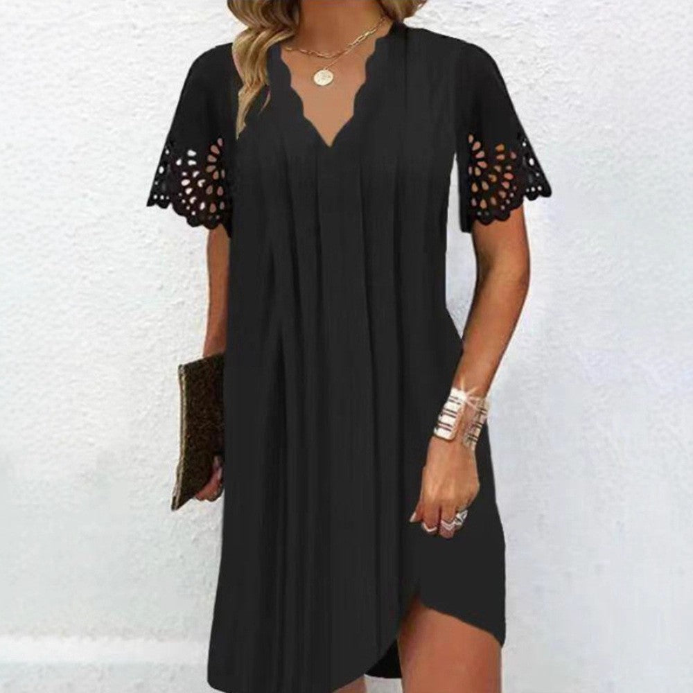 Damen nan Midikleid mit geschwungener V-Ausschnittkante, Lochstickerei-Ärmeln und leichtem A-Linien-Schnitt R&B