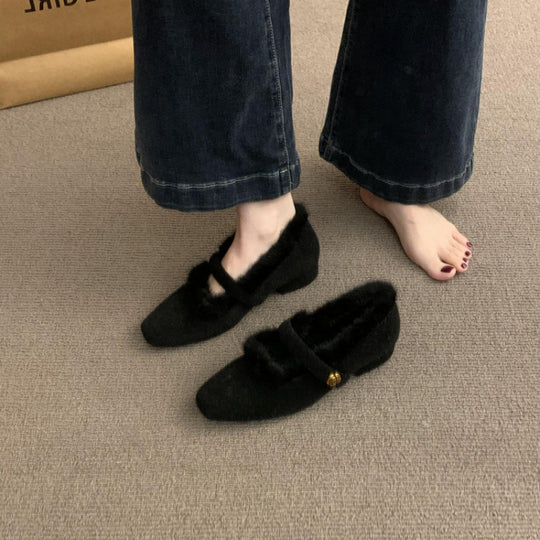 Damen Flauschige Hausschuhe mit dekorativem Riemen und luxuriösem Innenfutter R&B