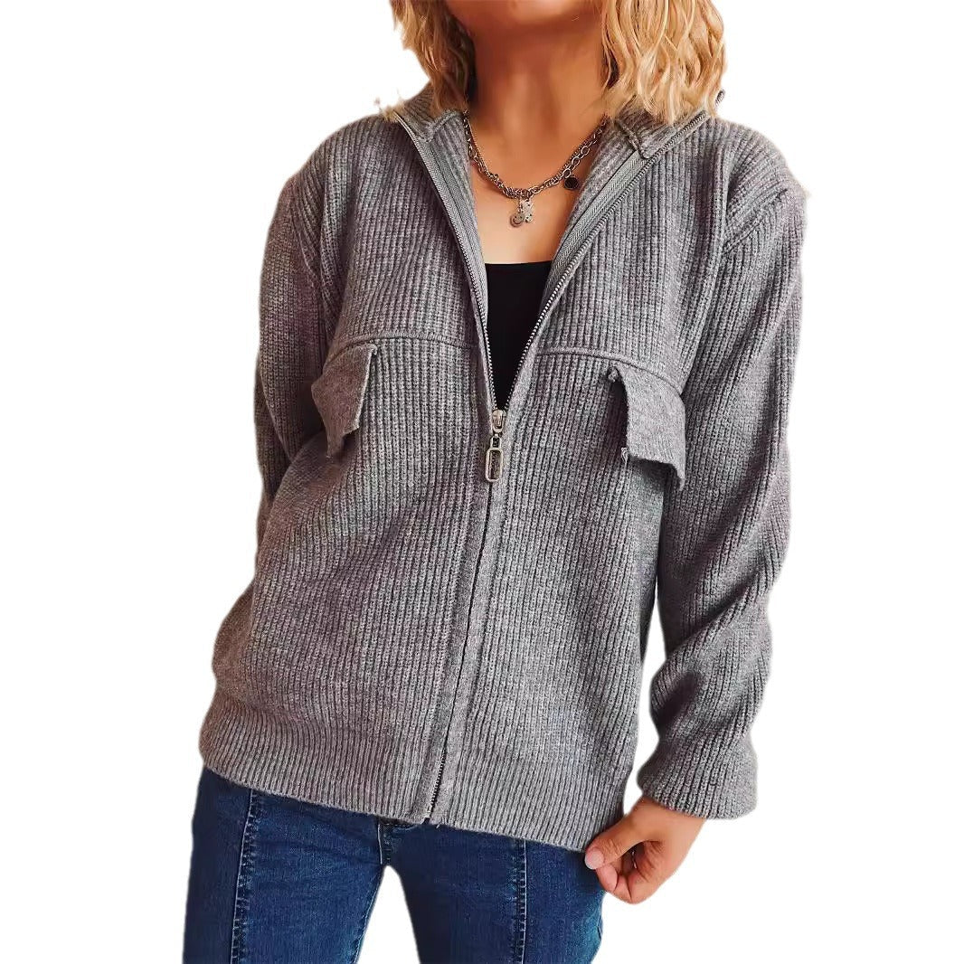 Damen lässige Strickjacke mit praktischen Taschen und hohem Kragen R&B
