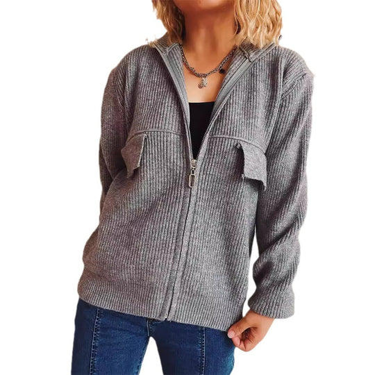 Damen lässige Strickjacke mit praktischen Taschen und hohem Kragen R&B