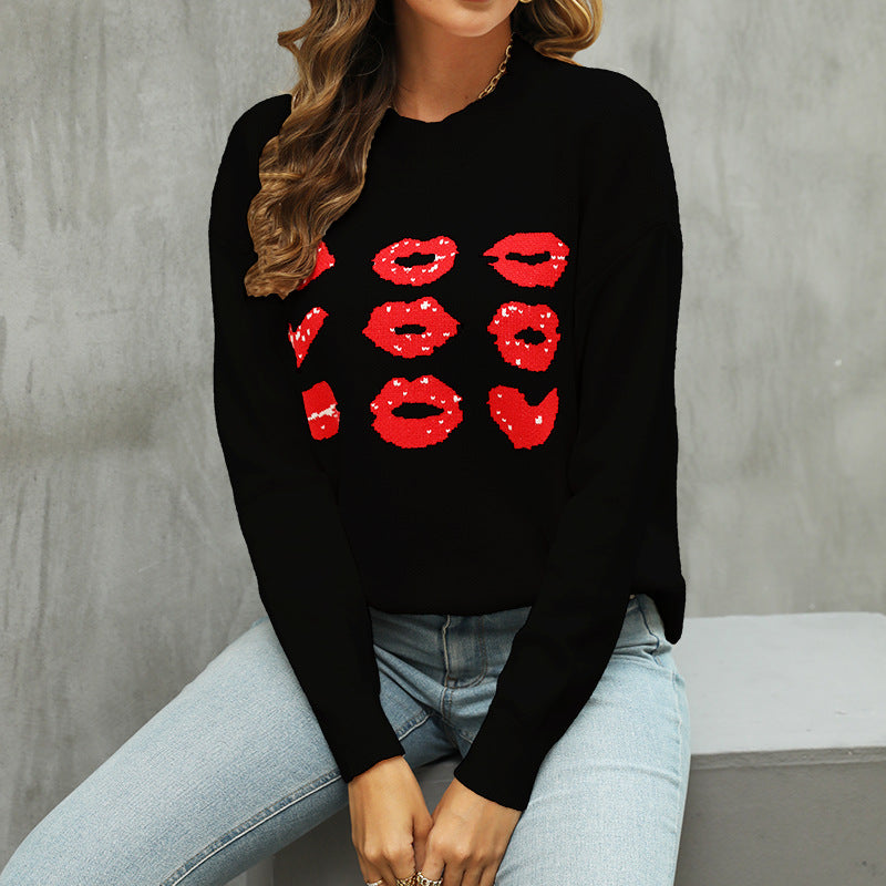 Damen Strickpullover mit glitzerndem Lippen-Motiv R&B