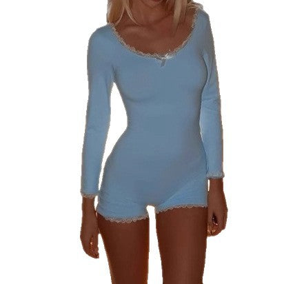 Damen Kurzarm Bodysuit mit Spitzenverzierungen und Rundhalsausschnitt R&B